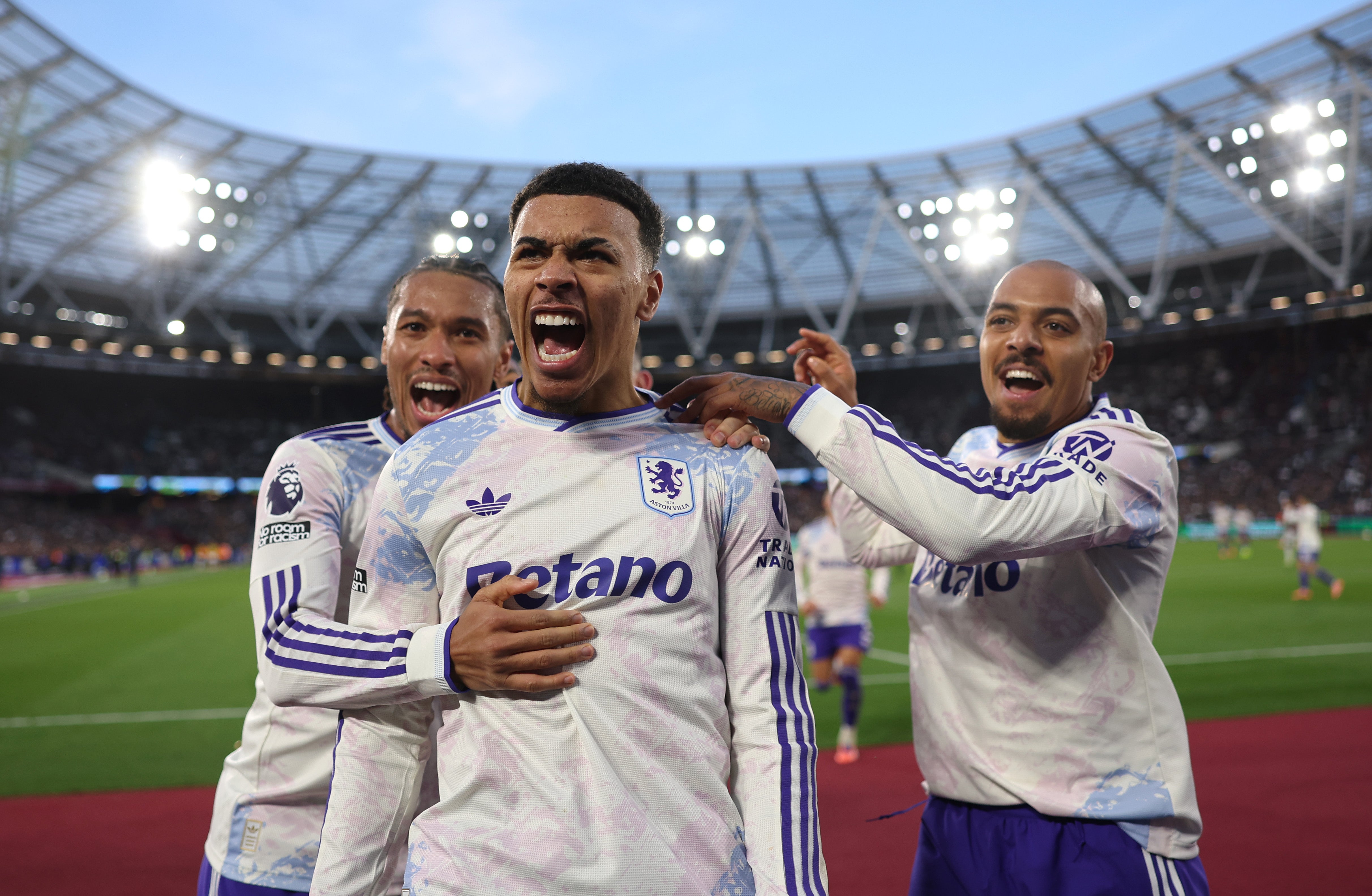 <p>Morgan Rogers (centre) has been in stunning form and fired Villa to a ninth win a row at West Ham last weekend </p>