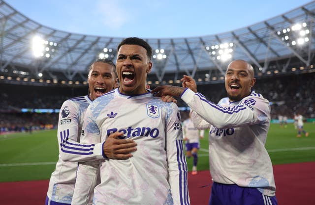 <p>Morgan Rogers (centre) has been in stunning form and fired Villa to a ninth win a row at West Ham last weekend </p>