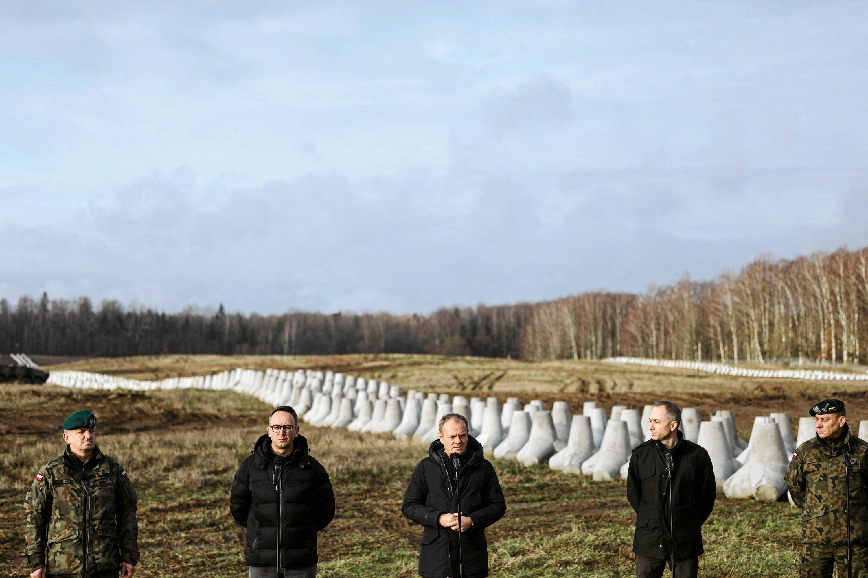 Polish Prime Minister Donald Tusk visits the first part of a system dubbed East Shield, the construction of military fortifications along the eastern frontier of Poland