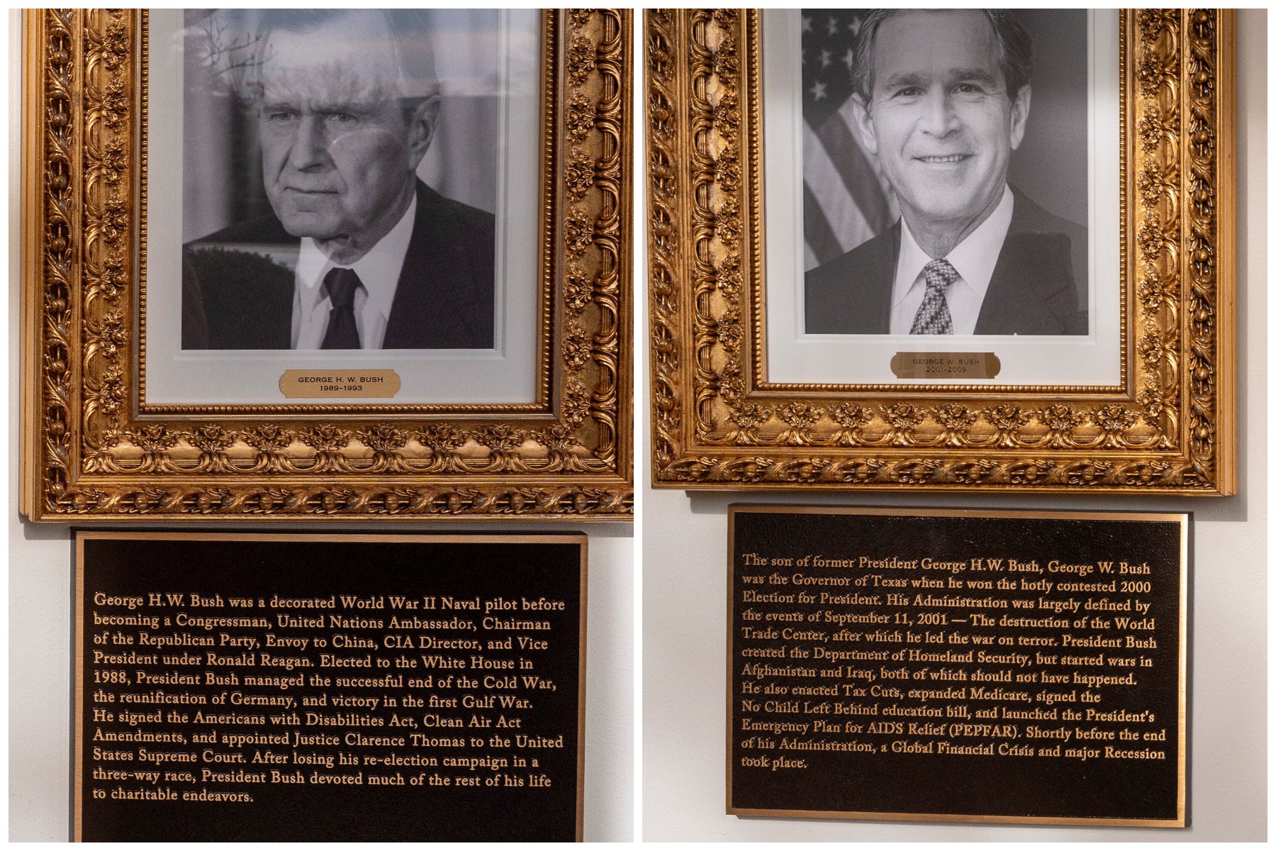 White House 'Wall of Fame' plaques for former Presidents George H. W. Bush (left) and George W. Bush (right) contain different representations of the father and son as leaders