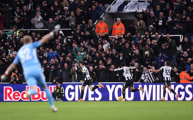 <p>Lewis Miley wheeling away in celebration after scoring the winner at St James’s Park</p>