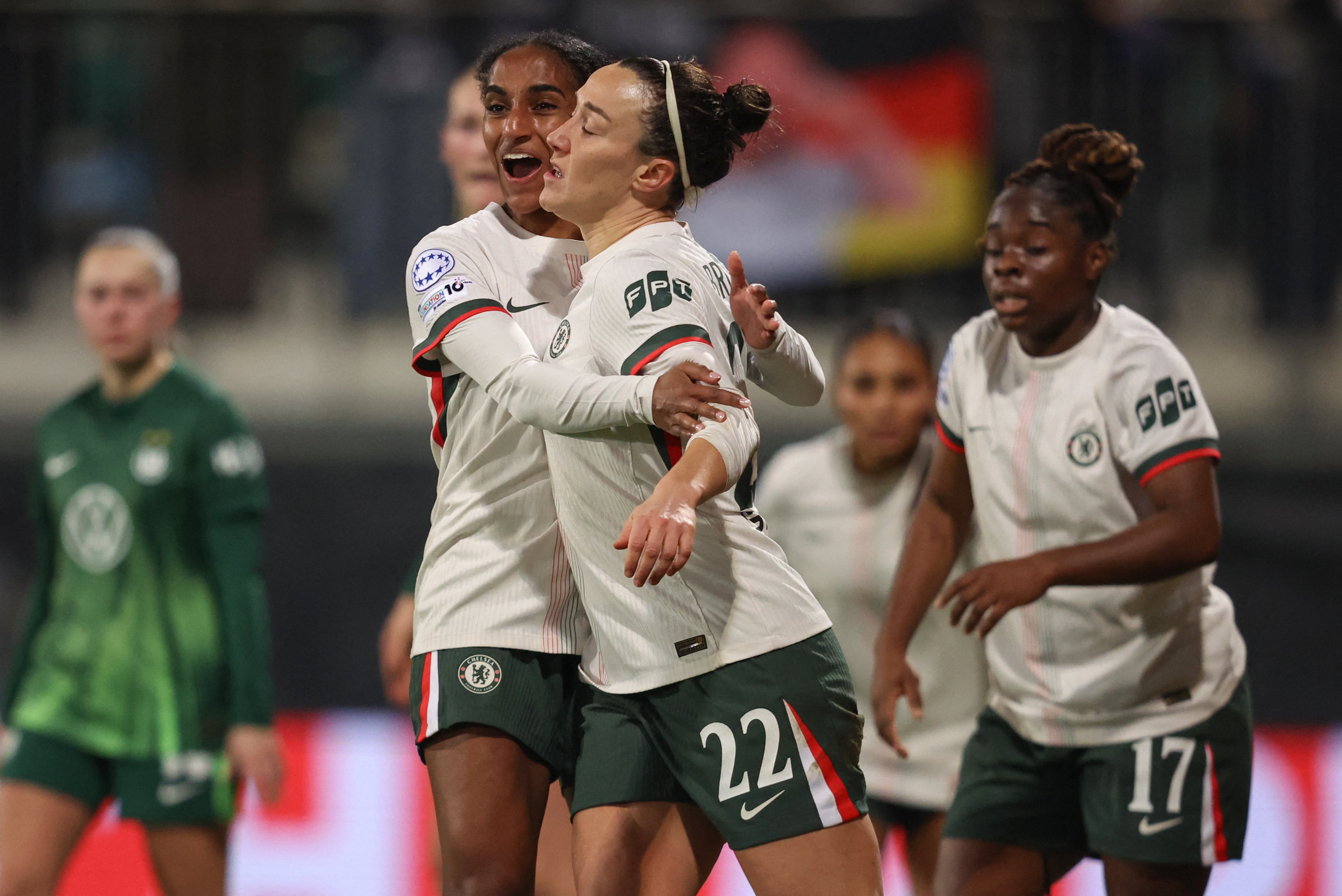 <p>Lucy Bronze celebrates her goal against Wolfsburg</p>