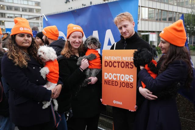 <p>Doctors on the picket line at St Thomas’ Hospital, London, on the first day of strikes</p>
