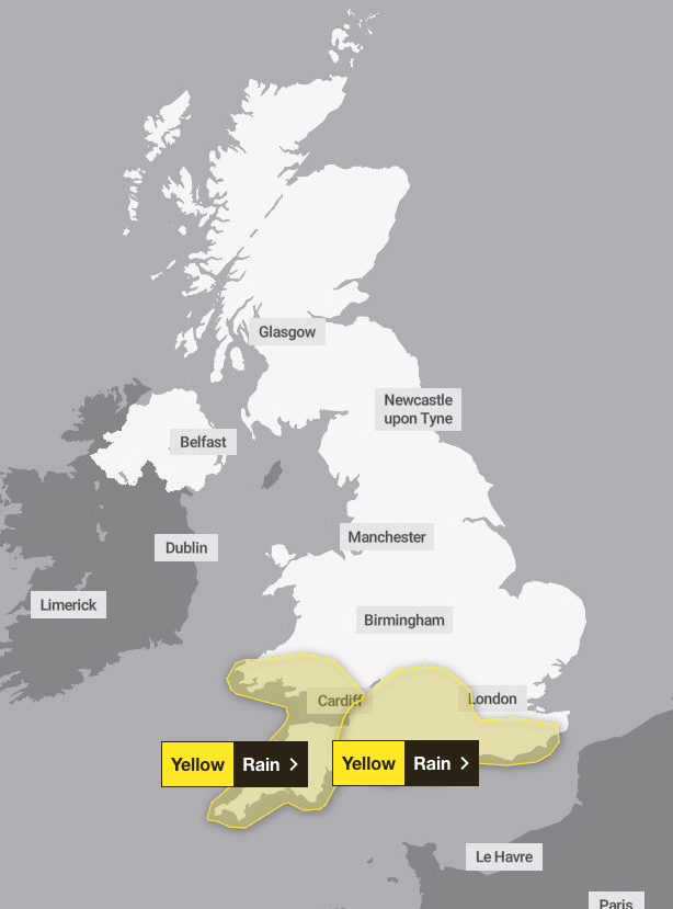 Two weather warnings for rain are in place for Thursday