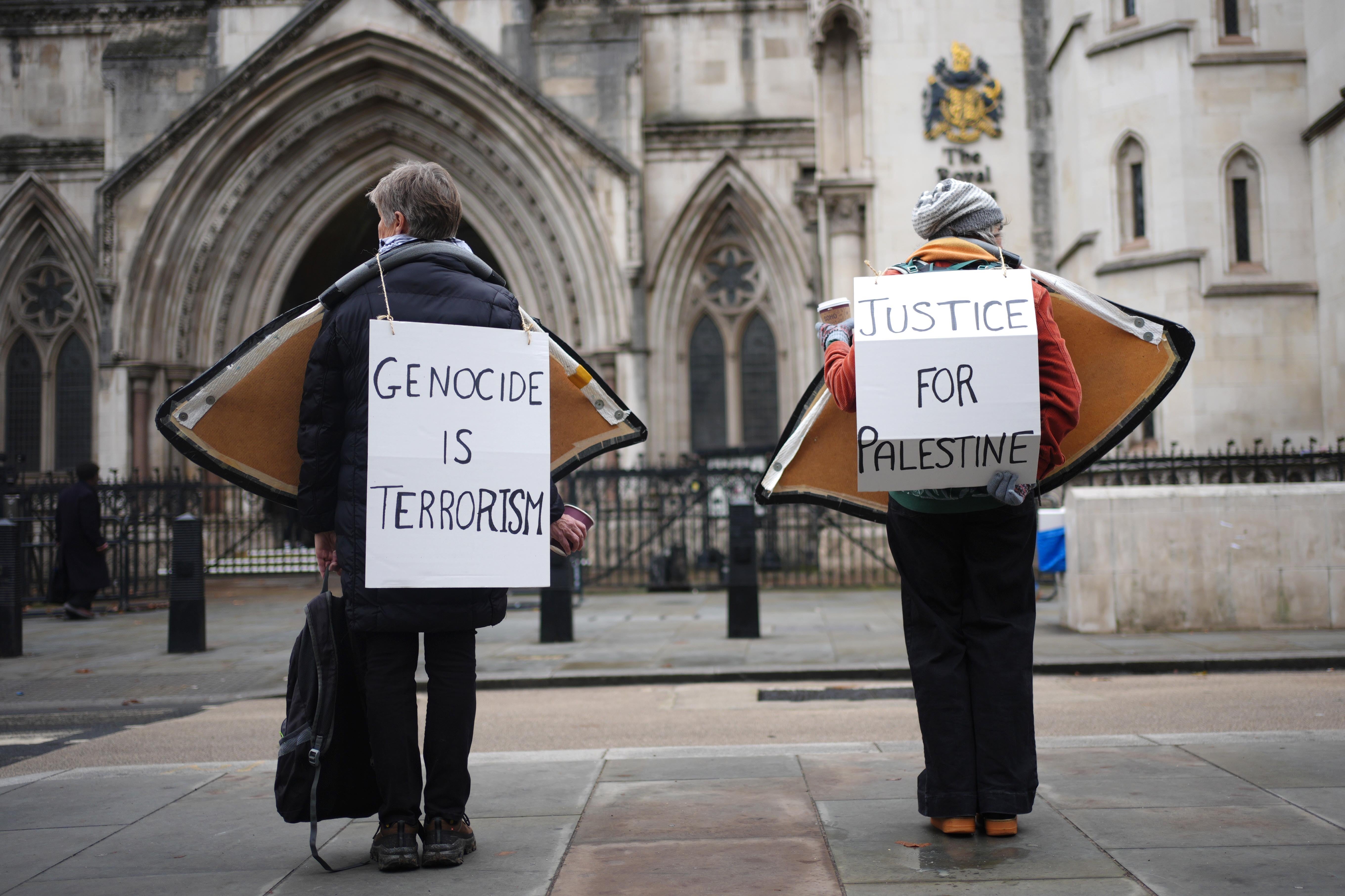 <p>Campaigners outside the Royal Courts of Justice, central London, where Palestine Action co-founder Huda Ammori is taking legal action against the Home Office's decision to proscribe the group under anti-terror laws. </p>