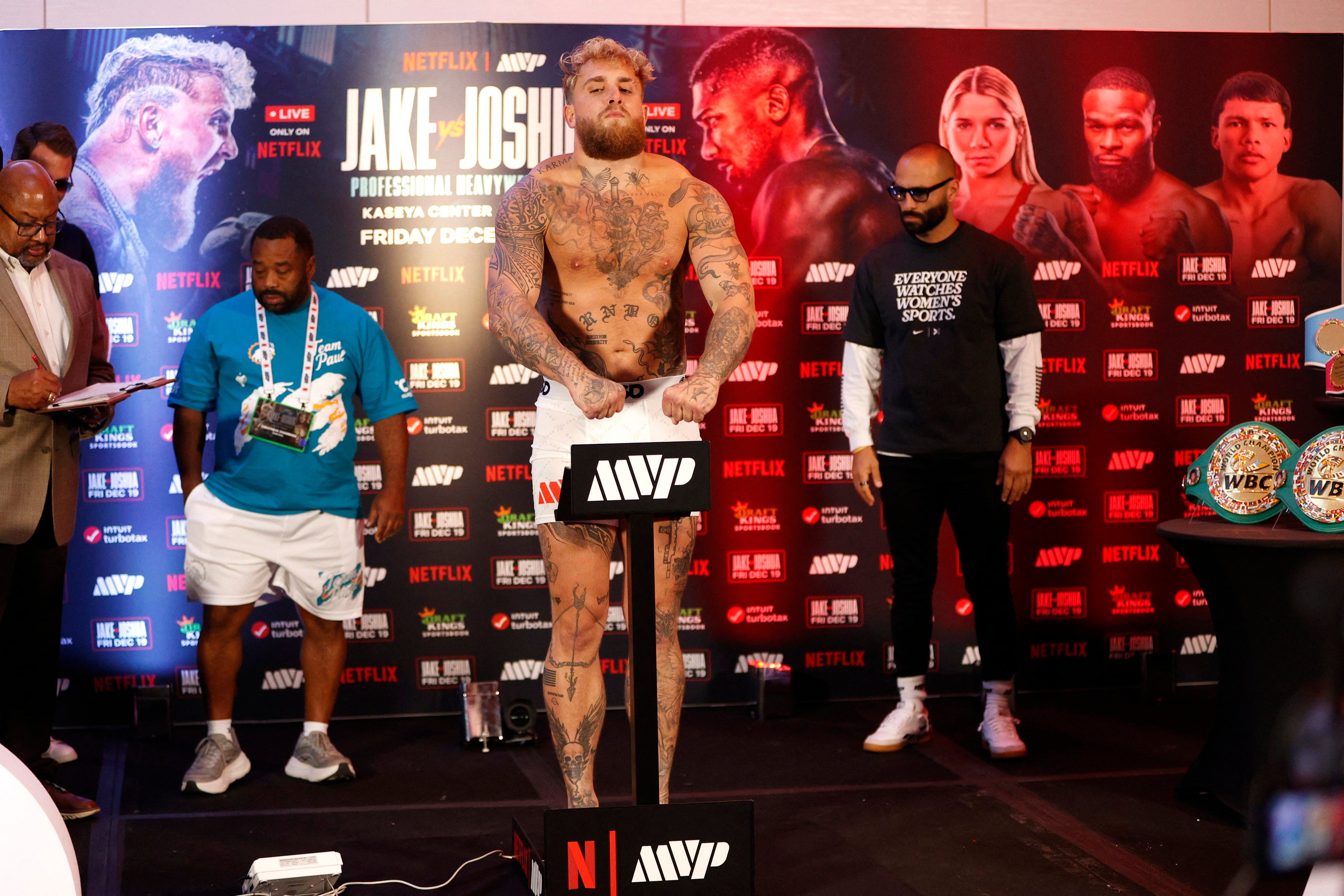 <p>Jake Paul weighed in around 27lbs lighter than Anthony Joshua</p>