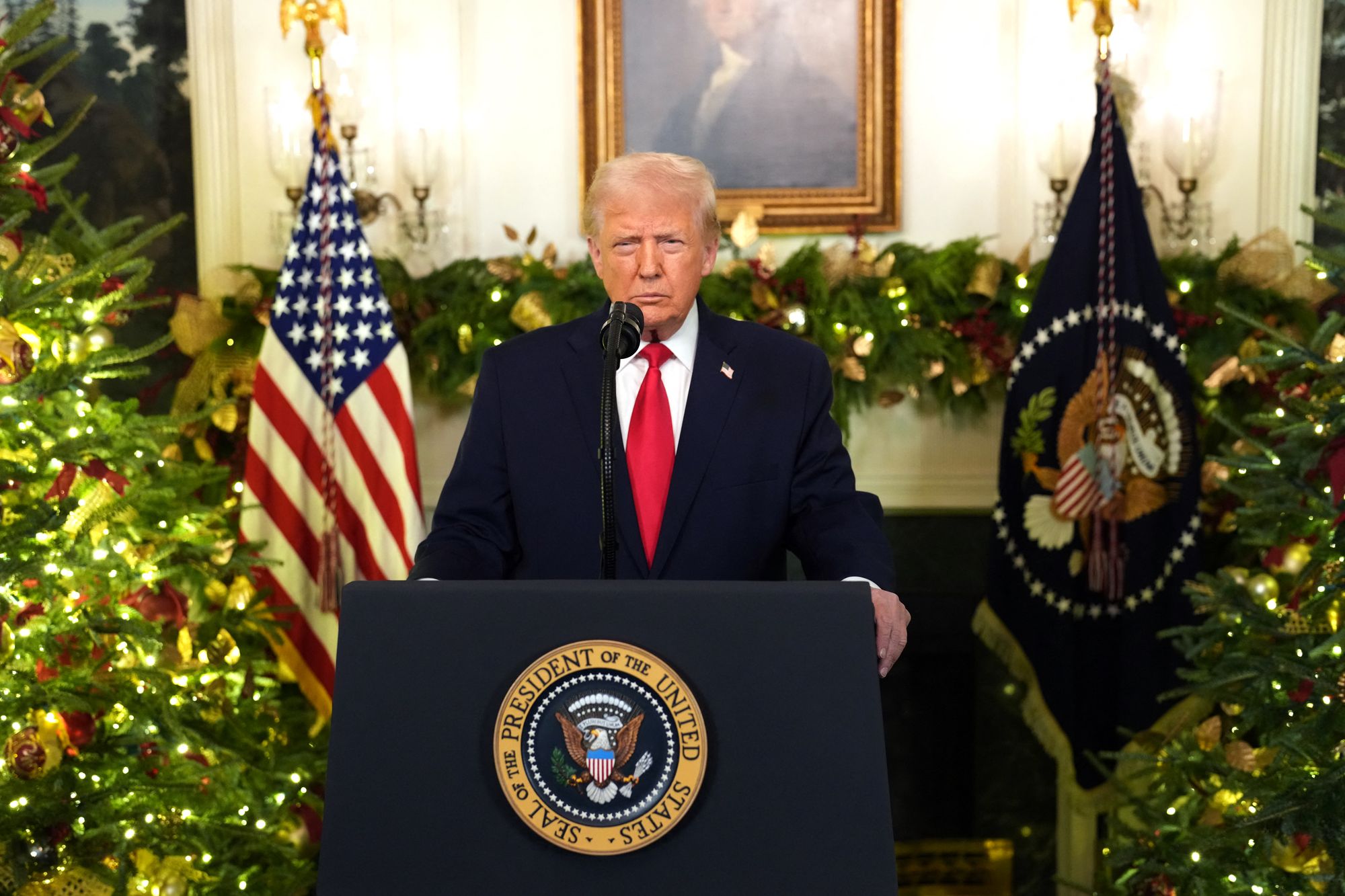 <p>US President Donald Trump addresses the nation from the Diplomatic Reception Room of the White House in Washington, DC, on December 17, 2025</p>