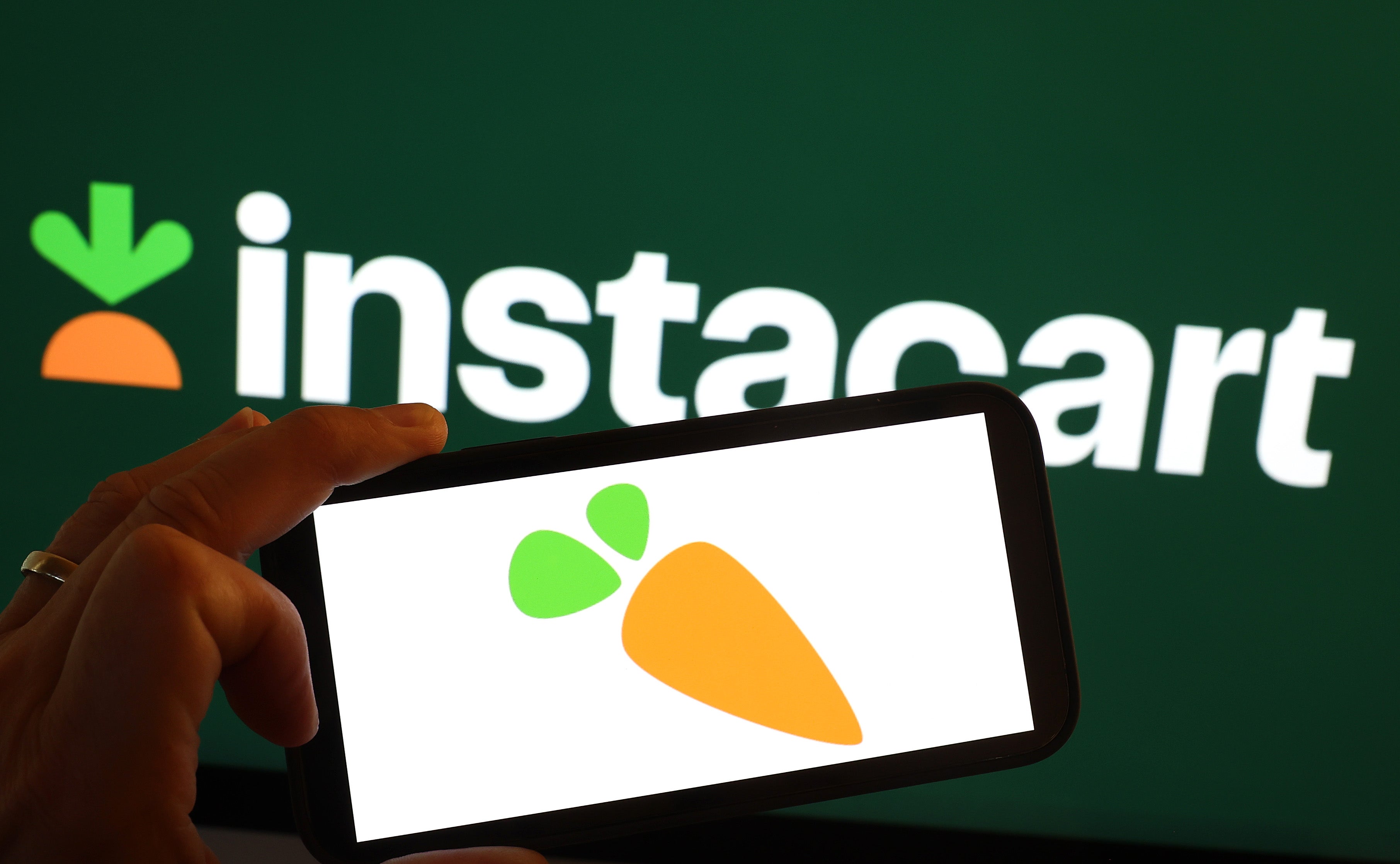 <p>The Instacart logo is displayed on a computer monitor on August 28, 2023 in San Anselmo, California</p>