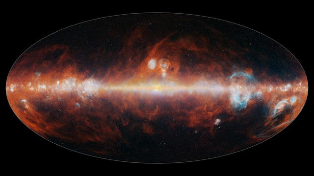 <p>NASA's SPHEREx mapped the entire sky in 102 infrared colors to reveal the different features of the cosmos. Blue stars and hydrogen gas, green and white stars and red cosmic dust are seen in this panoramic view.</p>