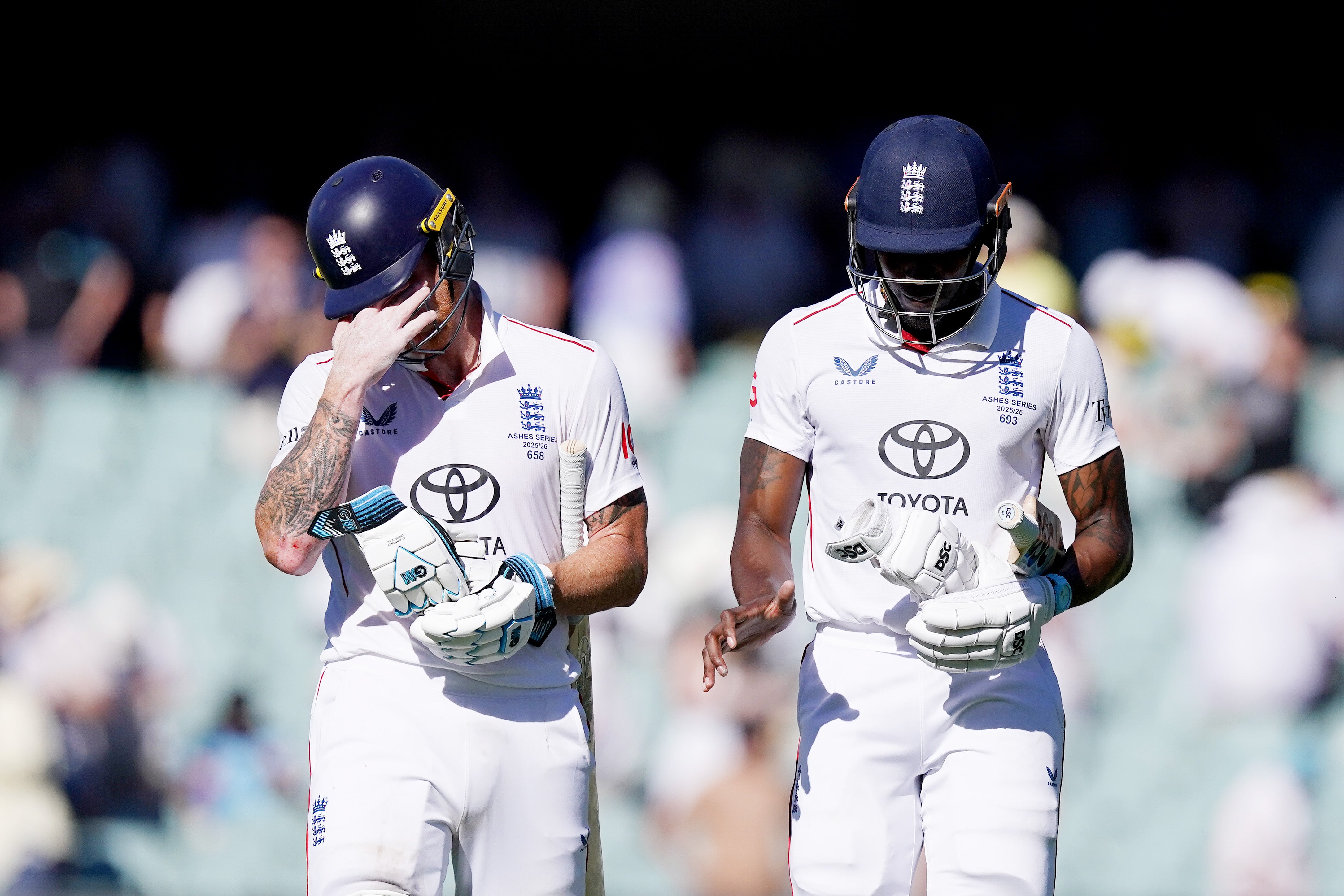 <p>Ben Stokes (left) and Jofra Archer (right) walk off the field at the end of play on day two of the third Ashes Test</p>