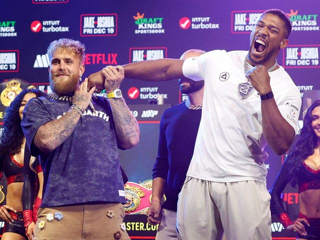 <p>Jake Paul and Anthony Joshua react during the press conference </p>