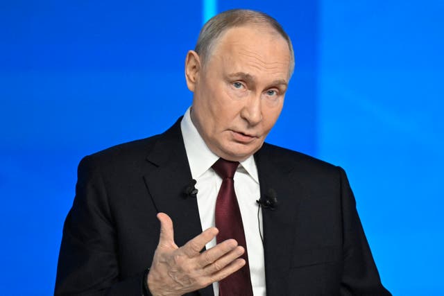 <p>Russian President Vladimir Putin holds his annual end-of-year press conference in Moscow on December 19, 2025. (Photo by Alexander NEMENOV / AFP via Getty Images)</p>