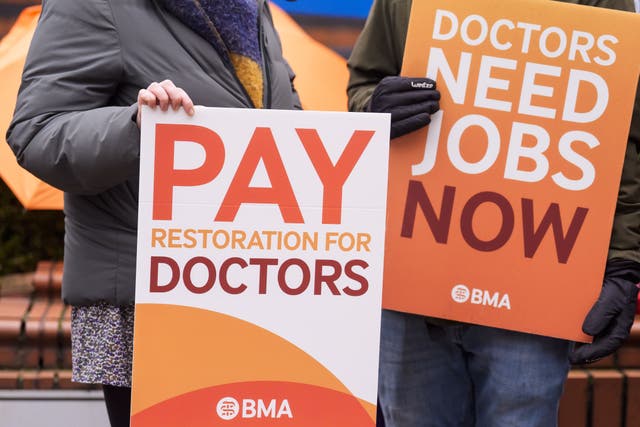 Placards held on the resident doctors’ picket line outside Leeds General Infirmary (Danny Lawson/PA)