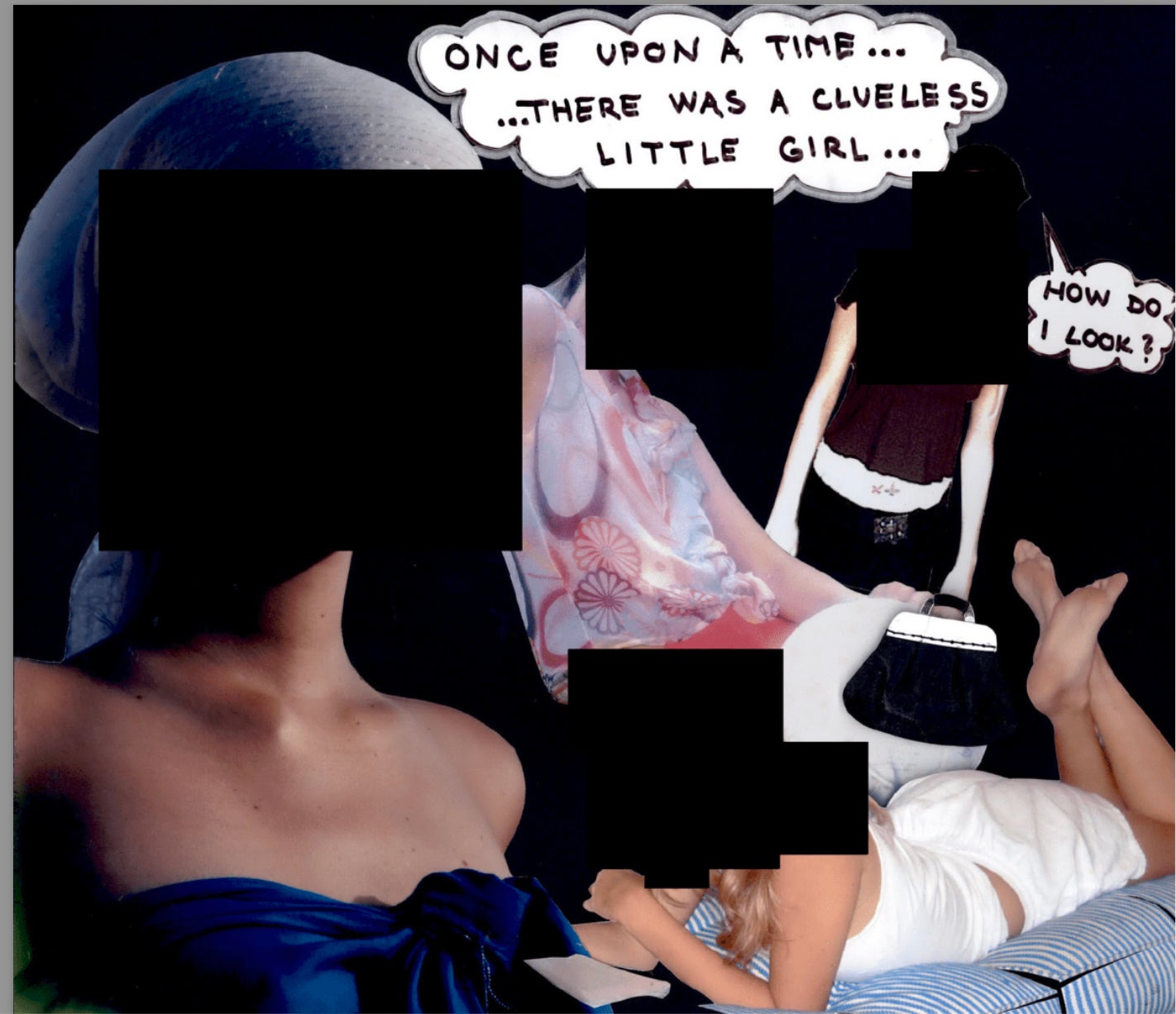 What appears to be a scrapbook-like card includes cut-up images of Epstein and a person whose face is redacted