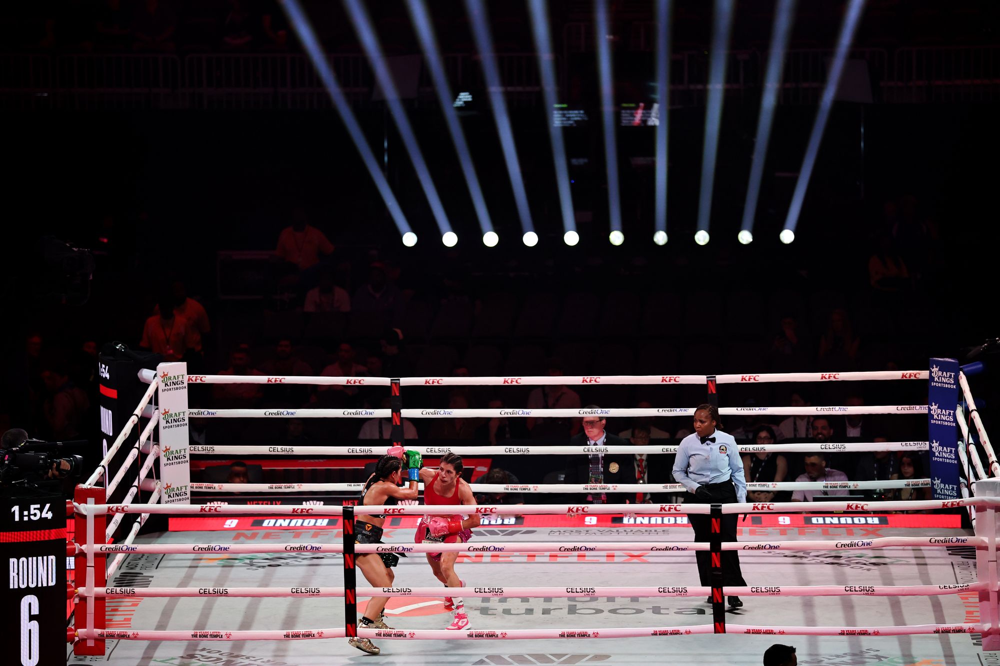 Yokasta Valle fights Yadira Bustillos in their strawweight bout during the Jake Paul v Anthony Joshua undercard