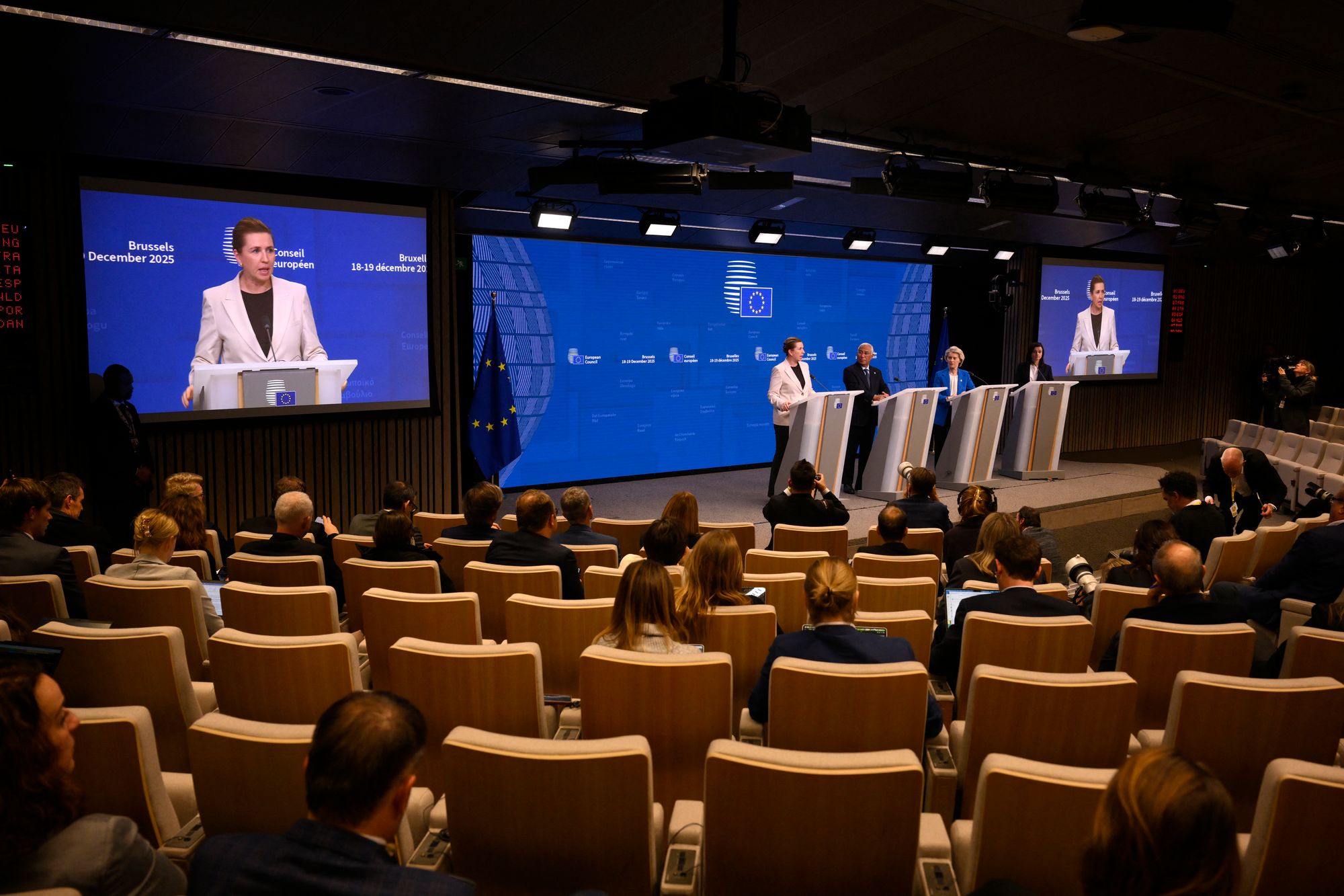 Denmark's prime minister Mette Frederiksen, European Council president Antonio Costa, and European Commission president Ursula von der Leyen attend a press conference after the European Council meeting in Brussels