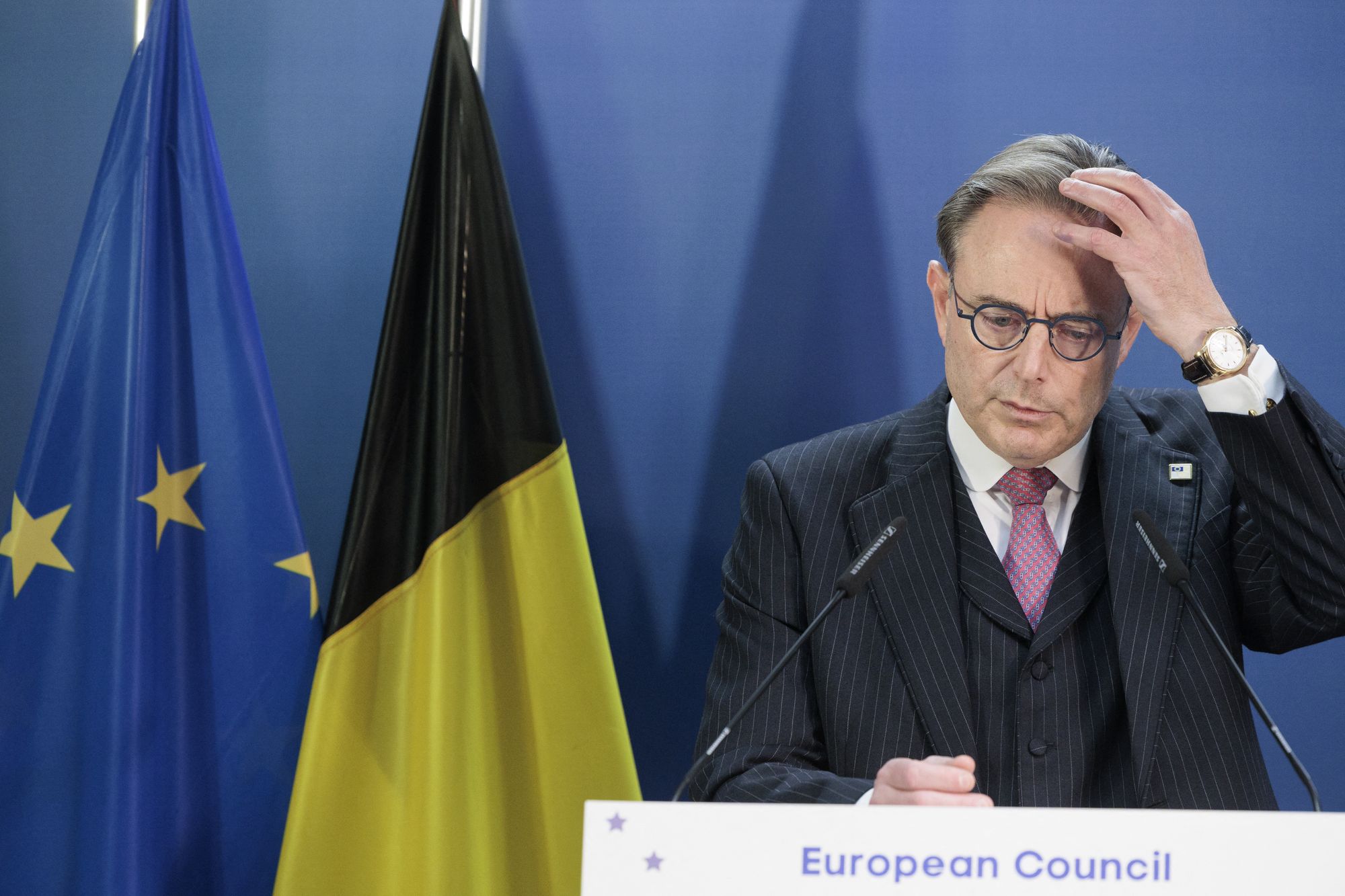 Belgian prime minister Bart De Wever talks to the press after pictured during a summit of Heads of State and Government of the European Union in Brussels