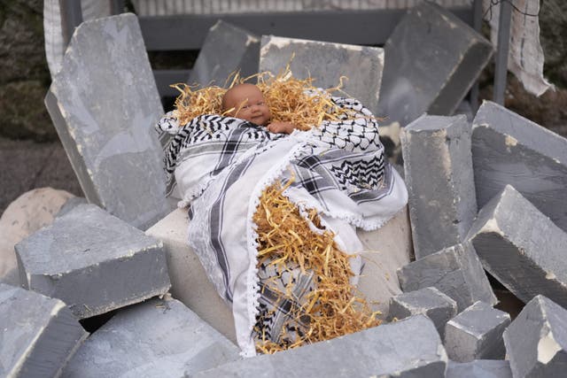 Gaza Solidarity Nativity Scene showing baby Jesus lying in rubble on Suffolk Street, Dublin. (Niall Carson/PA)