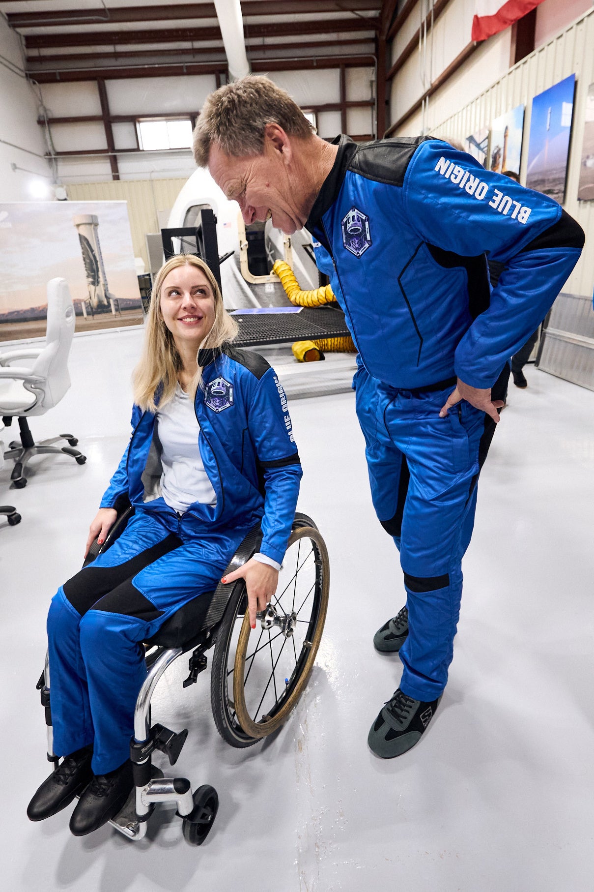 The recovery team also had a carpet to lay on the desert floor following touchdown, providing immediate access to her wheelchair, which she left behind at liftoff