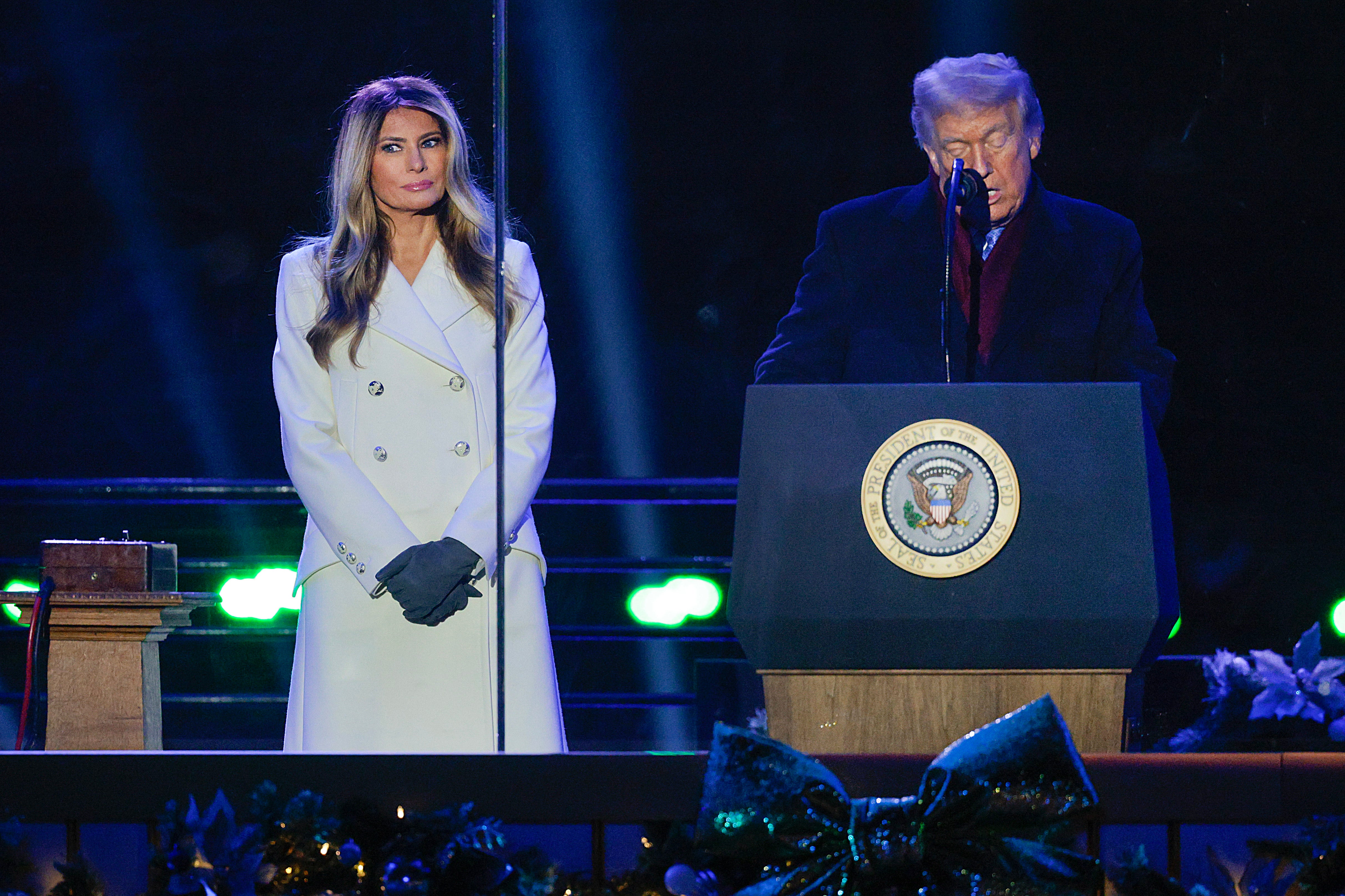 <p>President Donald Trump and First Lady Melania Trump participate in the National Christmas Tree Lighting Ceremony at the White House. In remarks in North Carolina Friday, Trump slammed the 2022 Mar-a-Lago raid, claiming agents even raided his wife’s ’panties’ drawer</p>
