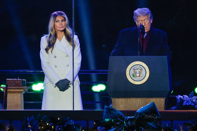 <p>President Donald Trump and First Lady Melania Trump participate in the National Christmas Tree Lighting Ceremony at the White House. In remarks in North Carolina Friday, Trump slammed the 2022 Mar-a-Lago raid, claiming agents even raided his wife’s ’panties’ drawer</p>