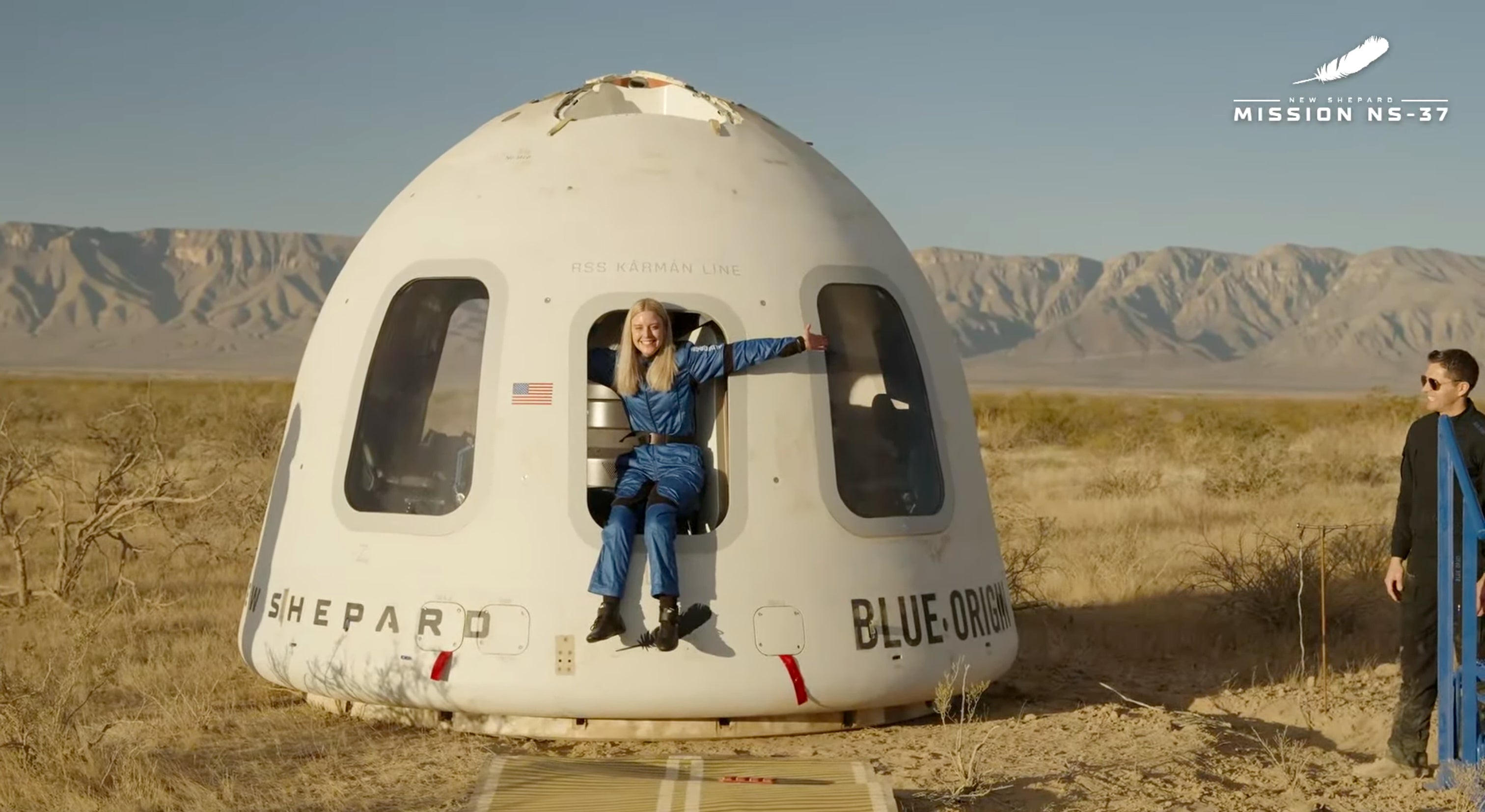 Michaela Benthaus poses after the Blue Origin's capsule landed on Saturday, Dec. 20, 2025 in West Texas