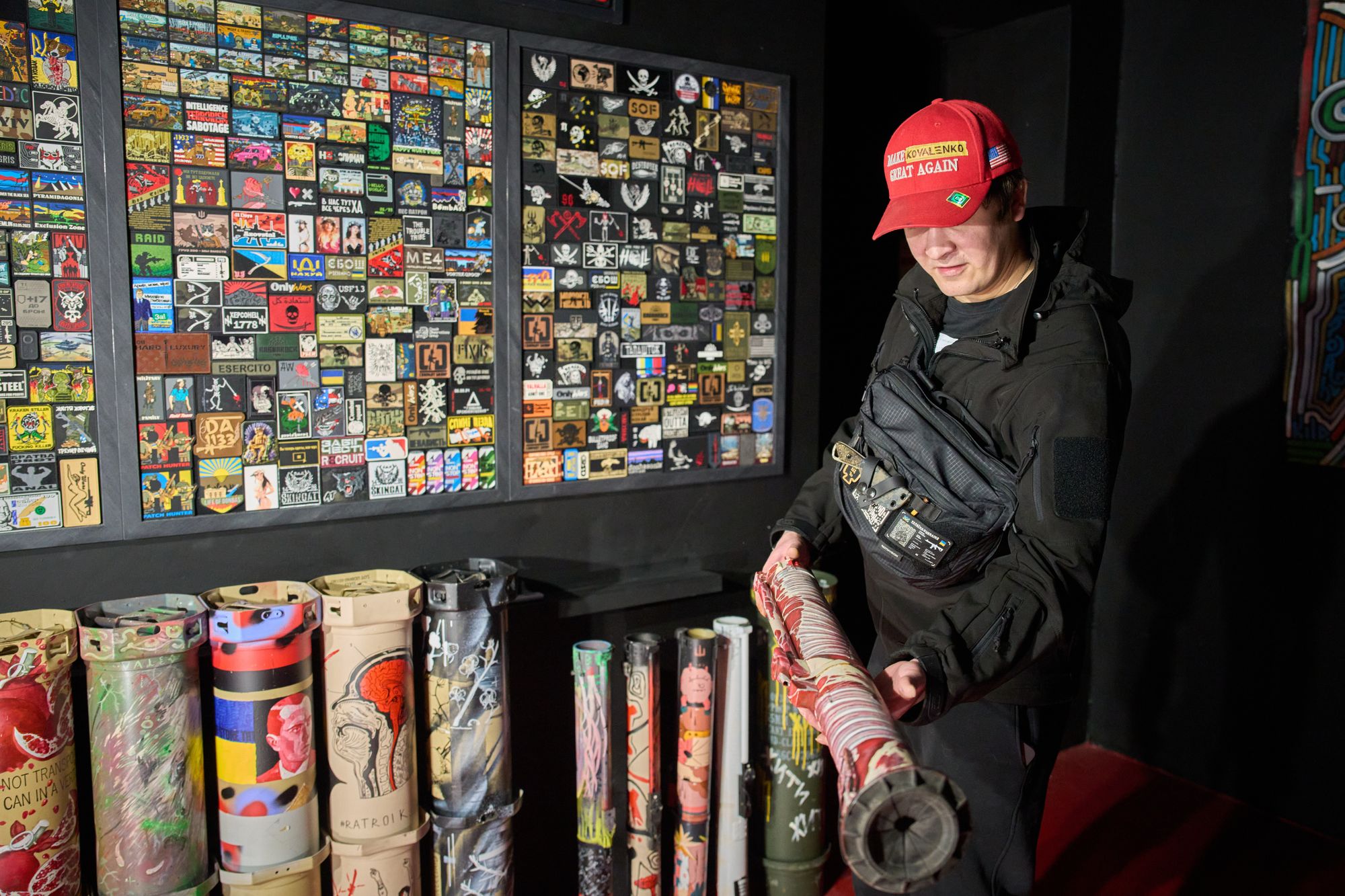 Rocket tubes and military patches shown in Maxim Kilderov's private museum that displays a collection of battlefield artifacts documenting Russia's invasion of Ukraine
