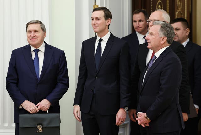 <p>Trump’s son in law Jared Kushner (middle) and envoy Steve Witkoff (right) on their last visit to Moscow</p>