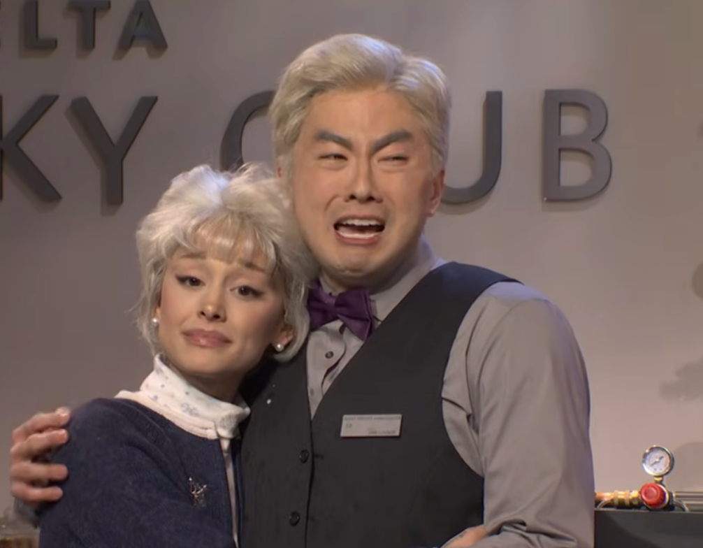 Ariana Grande played the wife to Bowen Yang’s Delta employee during his final sketch