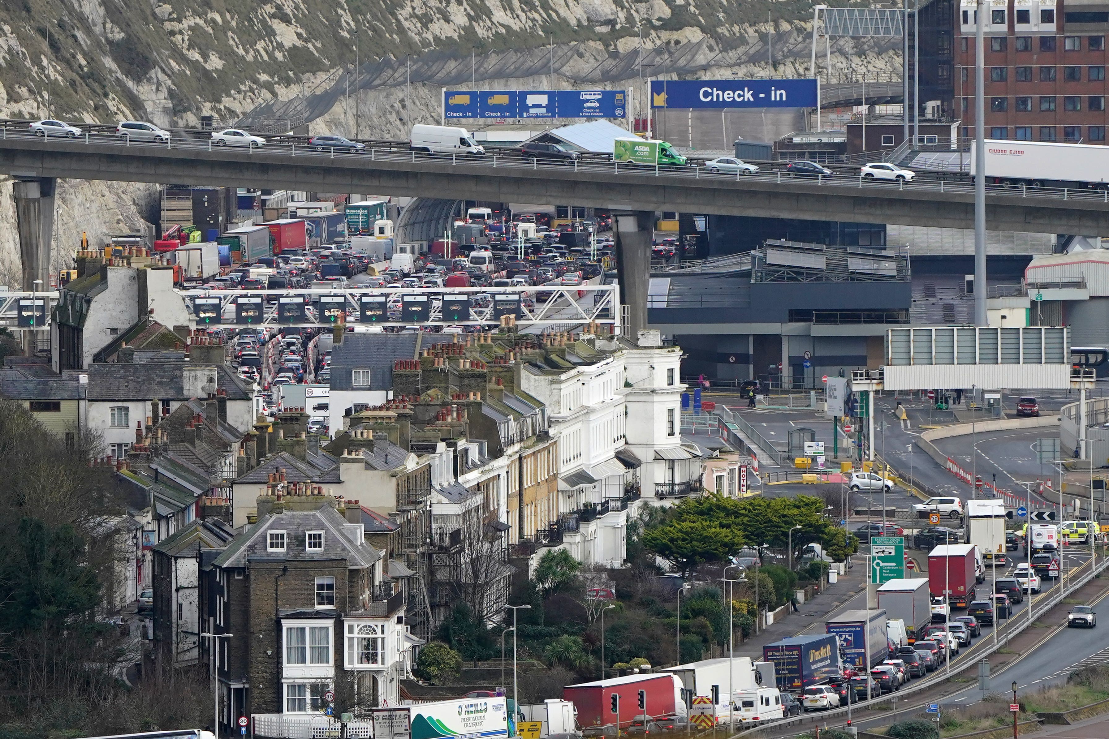 Holiday and freight traffic queues to use the Port of Dover, Kent, as travellers make their way to their destinations during the Christmas period (Gareth Fuller/PA)