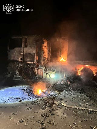 A truck burns at the site of a Russian missile and drone strike, amid Russia's attack on Ukraine, in Odesa region