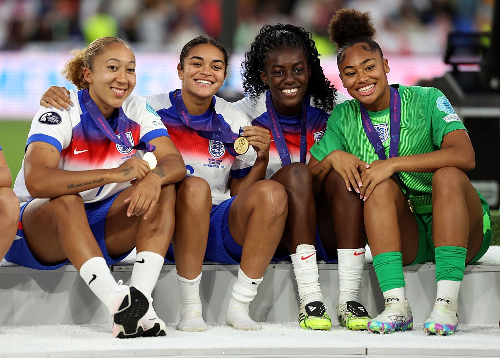 Jess Carter (second left) and teammates Lauren James, Michelle Agyemang and Khiara Keating were crowned European champions as the Lionesses triumphed in Switzerland