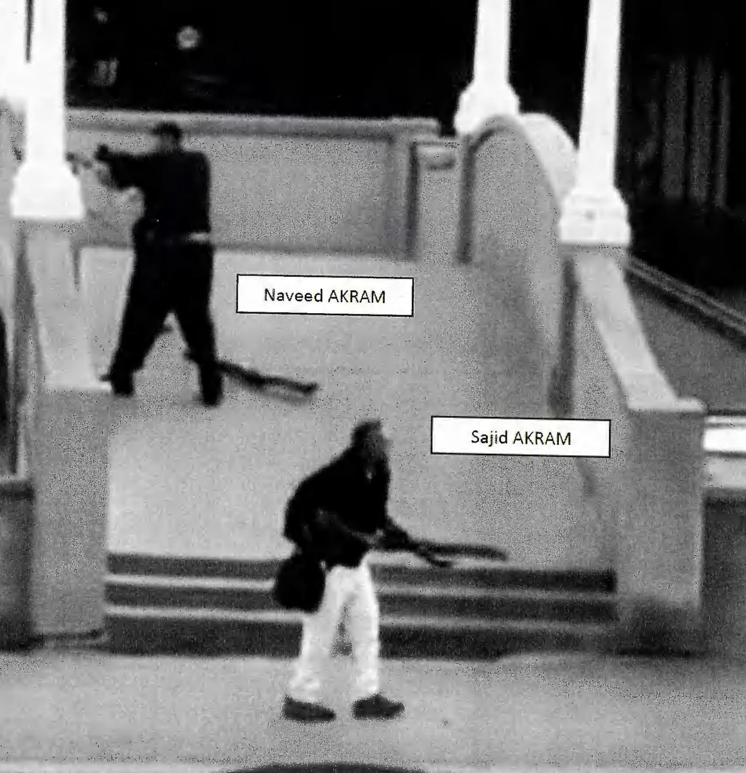 Handout photo issued by NSW Courts and Tribunals purporting to show Sajid Akram and Naveed Akram shooting towards the crowd gathered within Archer Park, Bondi Beach