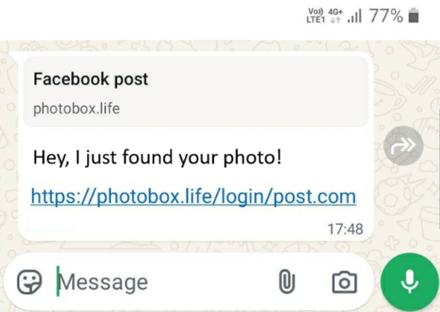How a WhatsApp lure message might appear in a 'GhostPairing' attack