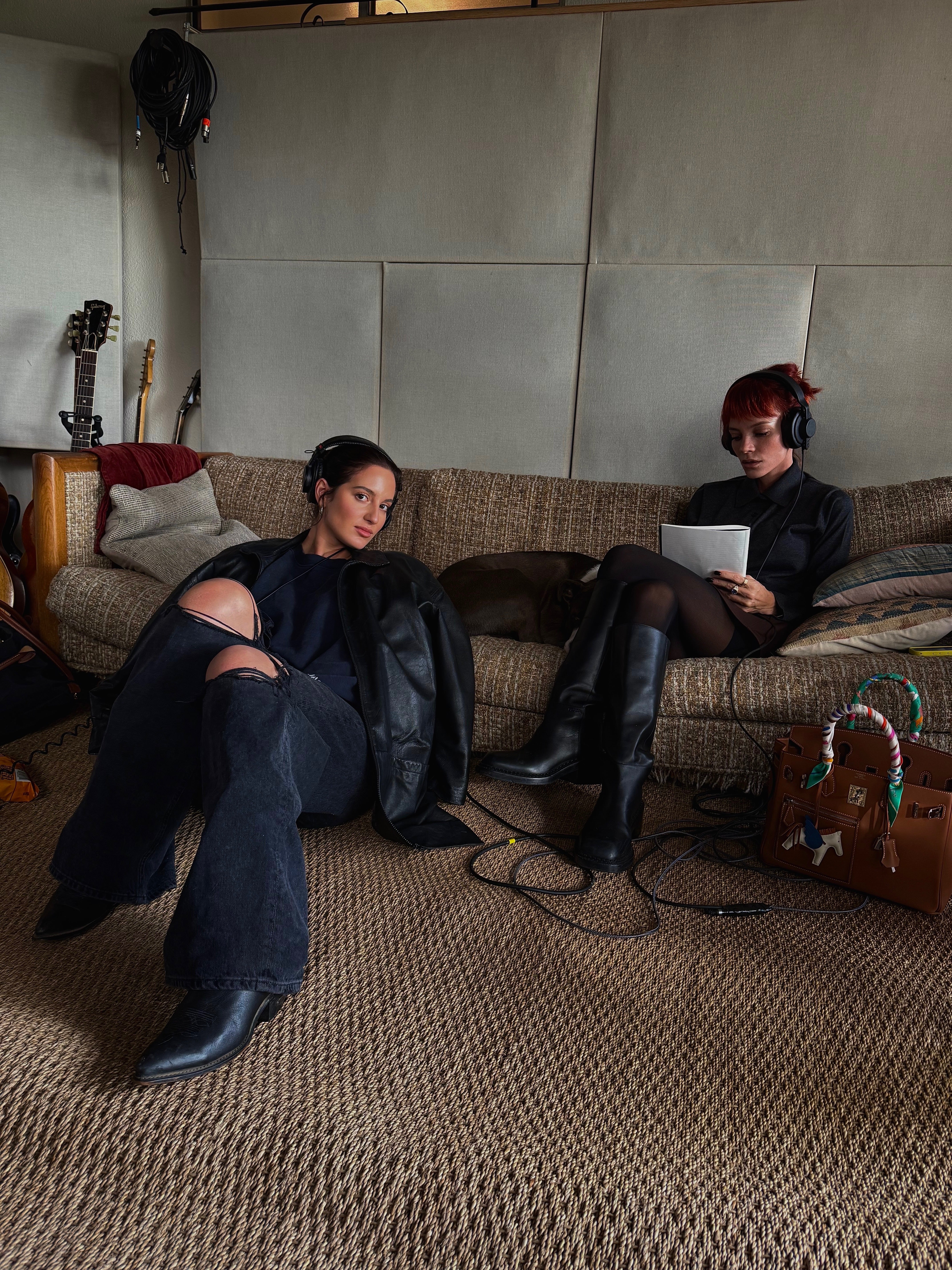 <p>Songwriter Chloe Angelides and Lily Allen in the studio working on West End Girl</p>