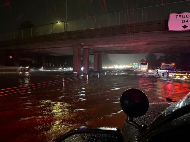 <p>A flooded overpass is seen at night in California's Shasta County. Flooding — brought on by atmospheric rivers — in the region left one person in Redding dead. Another atmospheric river is expected to hit the region on Wendnesday</p>