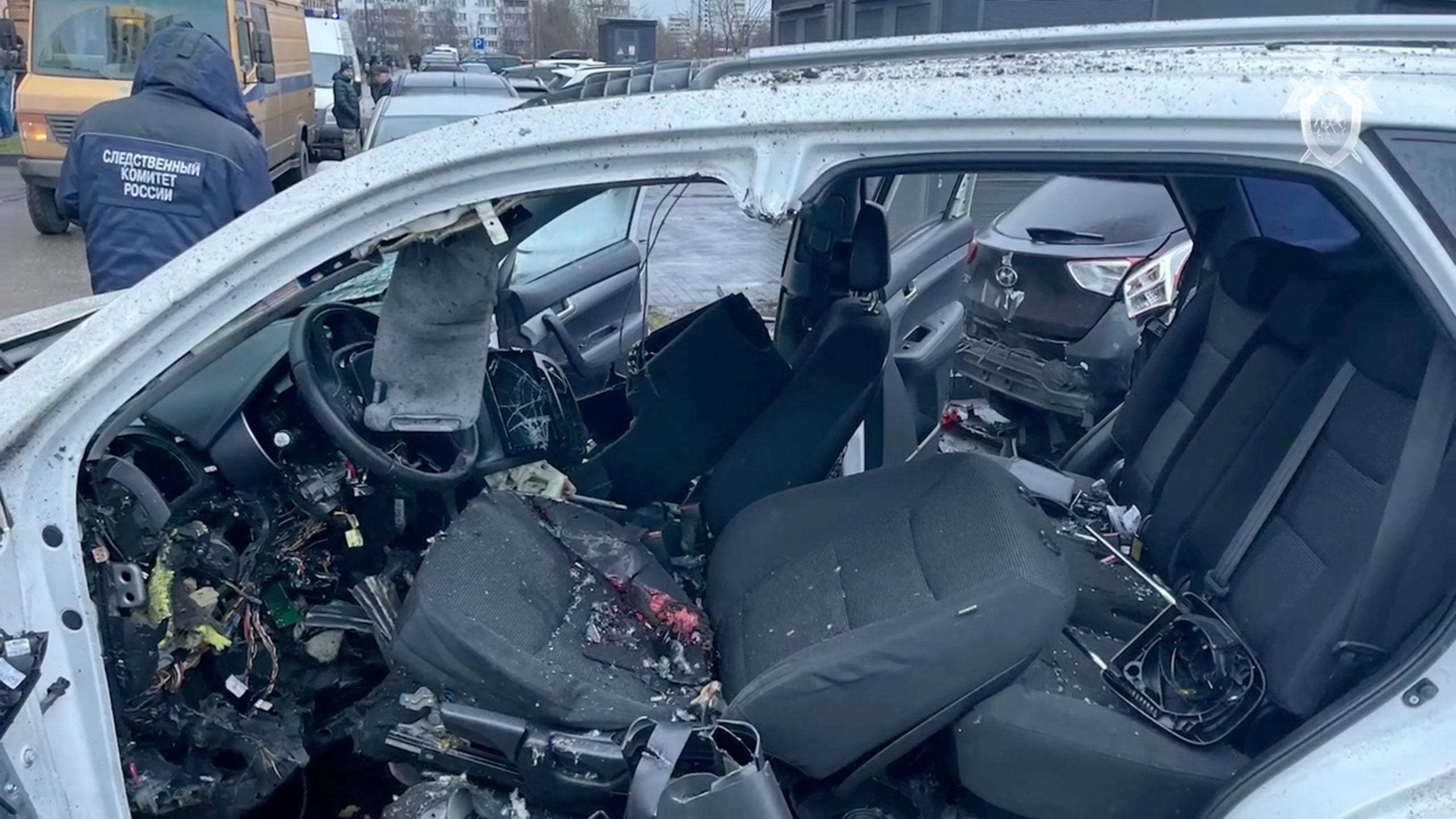 The inside of a vehicle destroyed in an explosion in Moscow that killed the officer