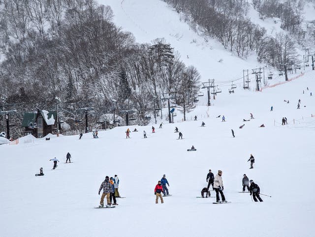 <p>People skiing and snowboarding at Hakuba Goryu ski resort in Nagano, Japan</p>