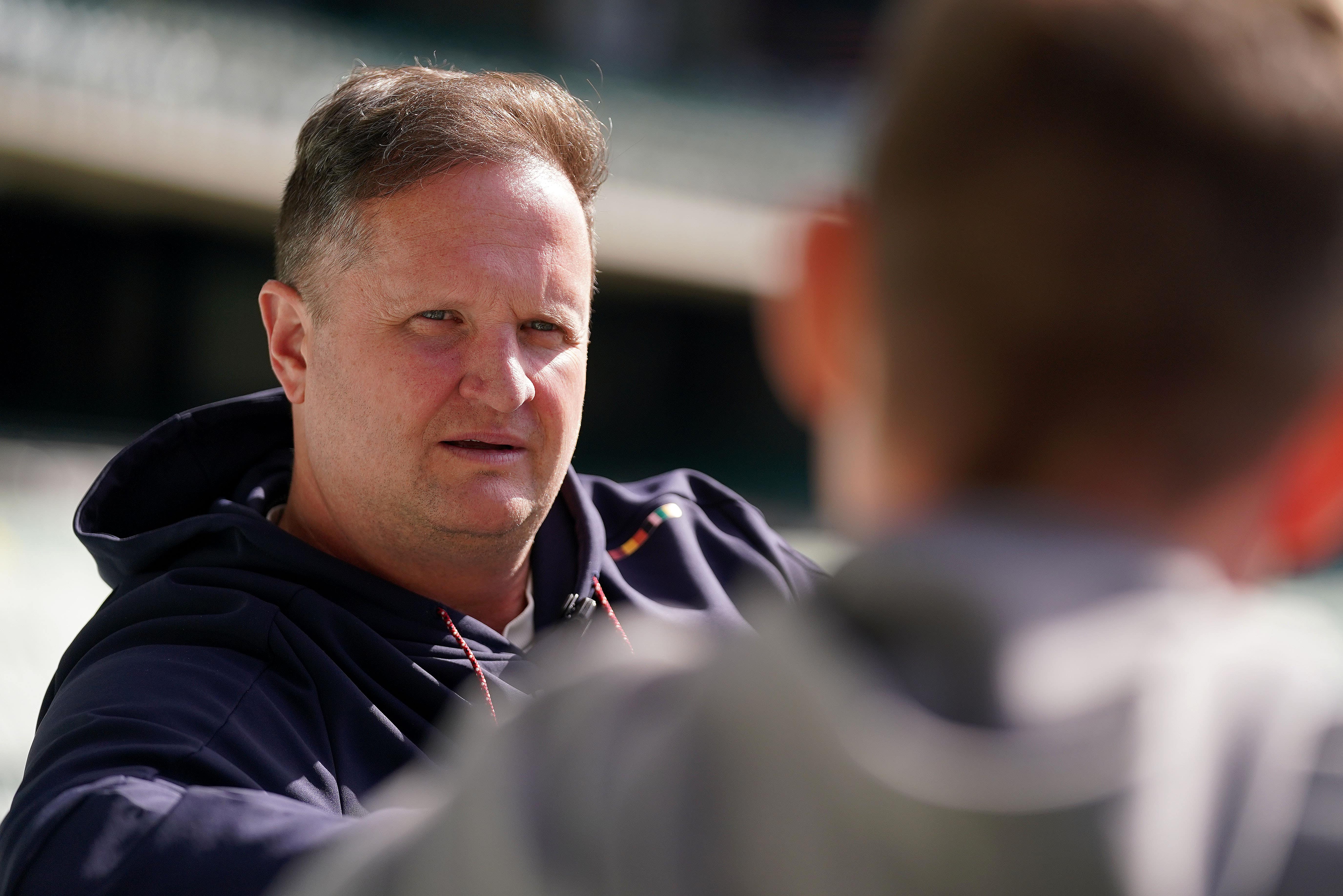 England managing director of cricket Rob Key (left) is interviewed during a nets session at the Melbourne Cricket Ground on Tuesday (Robbie Stephenson/PA)