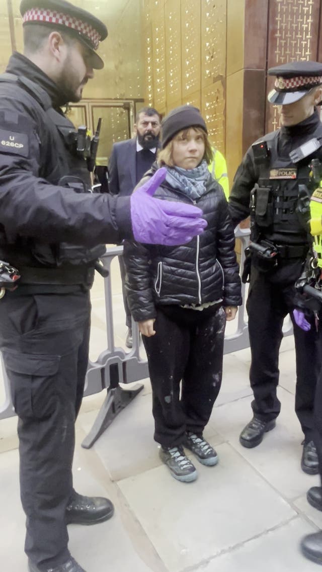 <p>Climate activist Greta Thunberg being detained by City of London Police</p>
