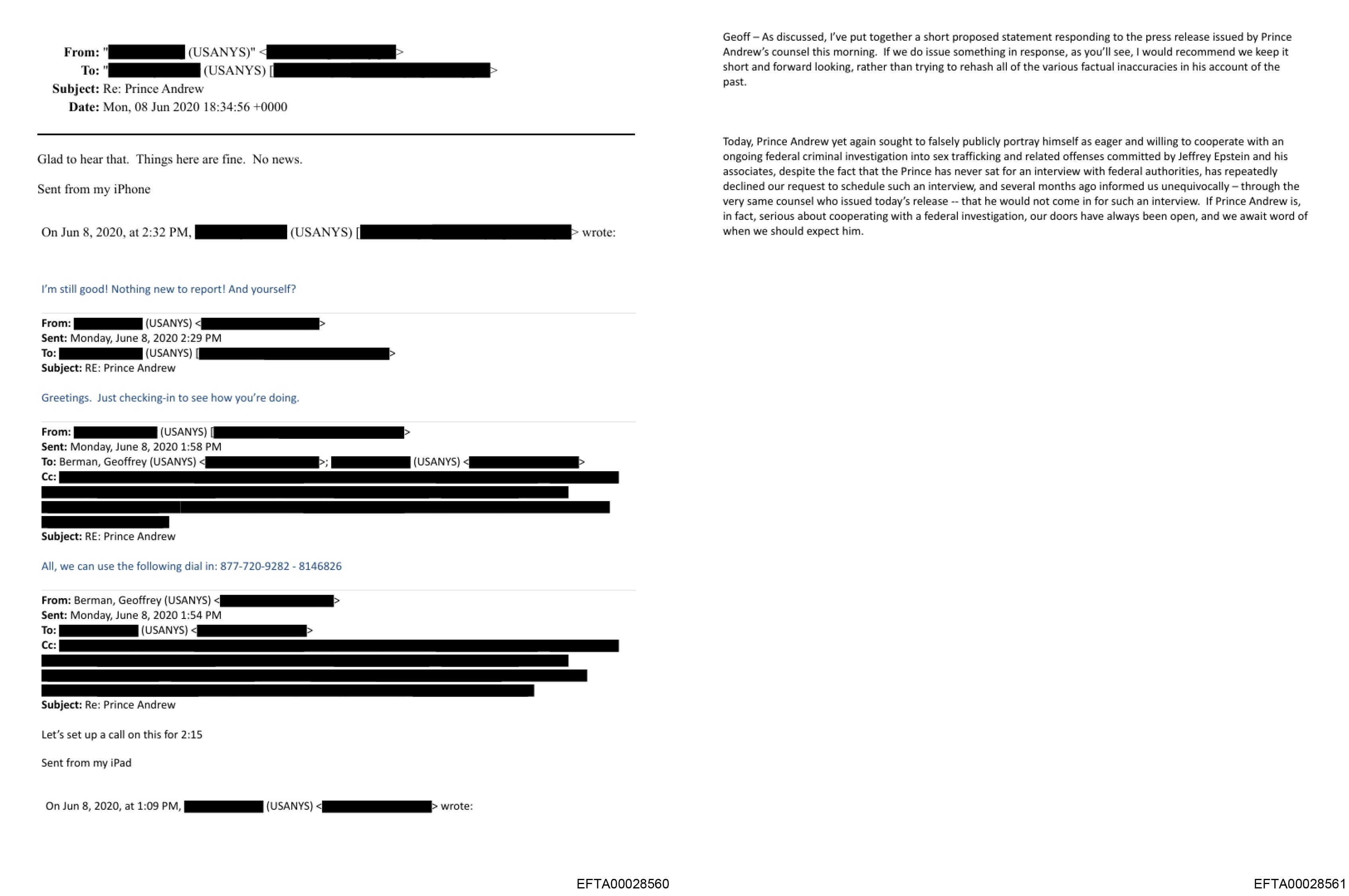 A composite of documents dated June 8, 2020, shows an email exchange between an unnamed lawyer from New York and former US attorney Geoff Berman, with regards to ongoing investigations related to Andrew Mountbatten-Windsor's association with Jeffrey Epstein