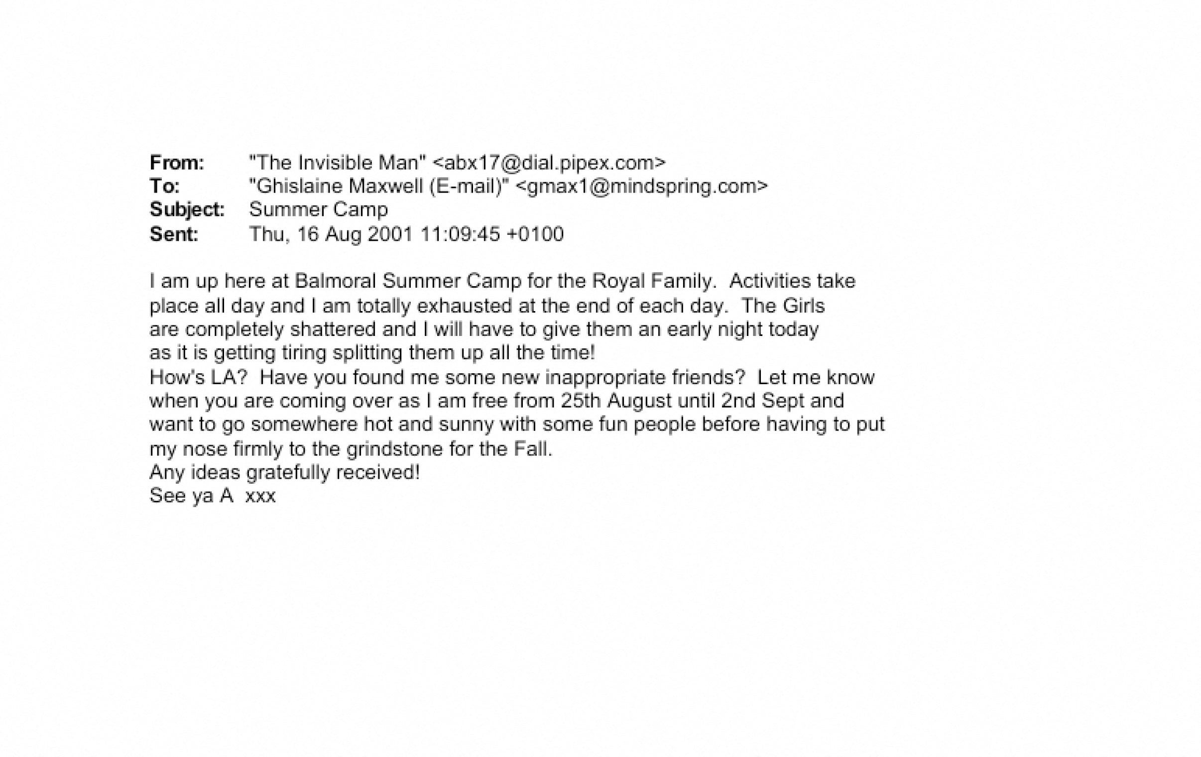 An email between Ghislaine Maxwell and a person identified as ‘The Invisible Man’ discusses the Royal Family
