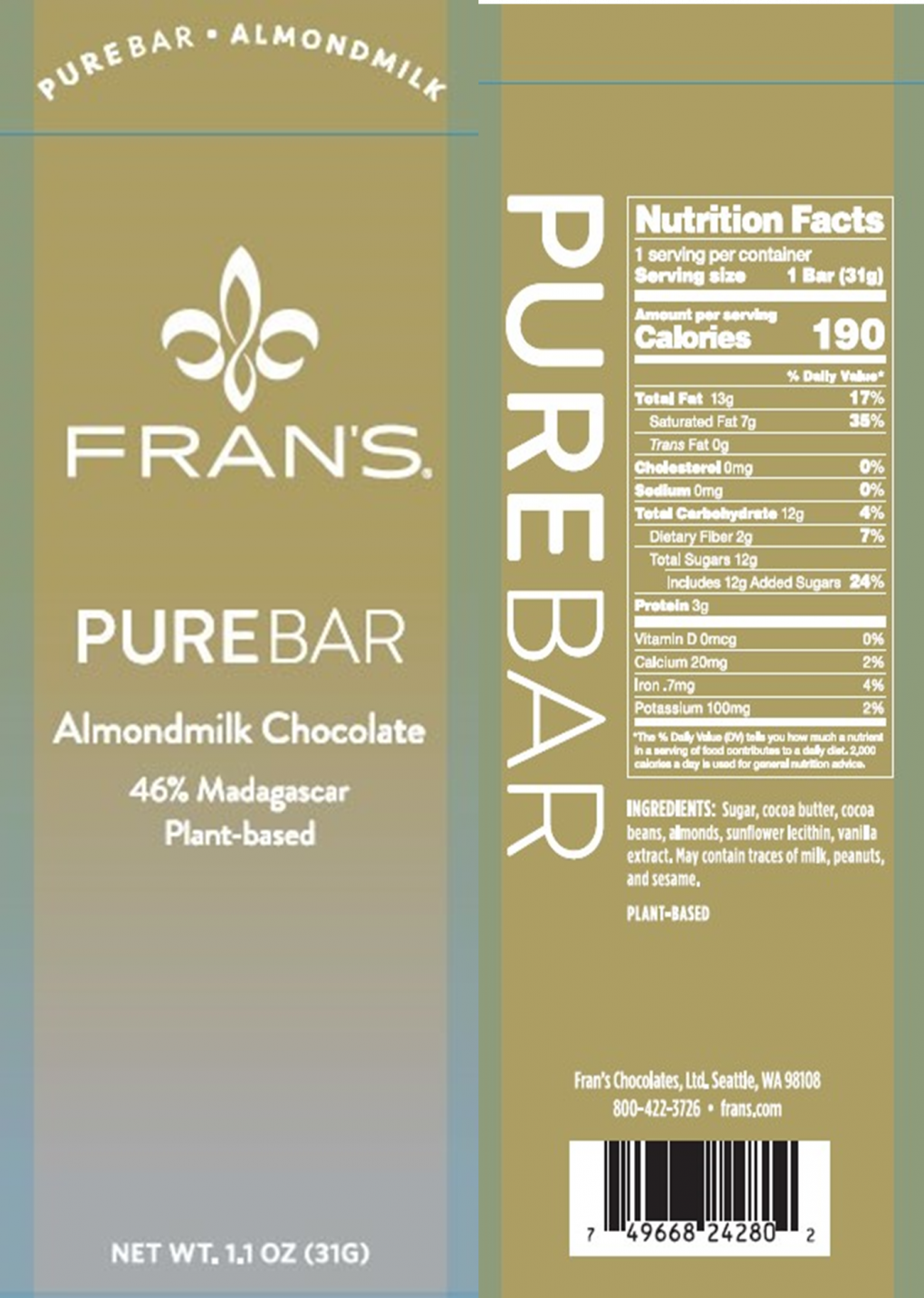 Fran's Chocolates is recalling Fran’s Pure Bar Almondmilk Chocolate 46% Madagascar Plant-Based because it has undeclared hazelnuts