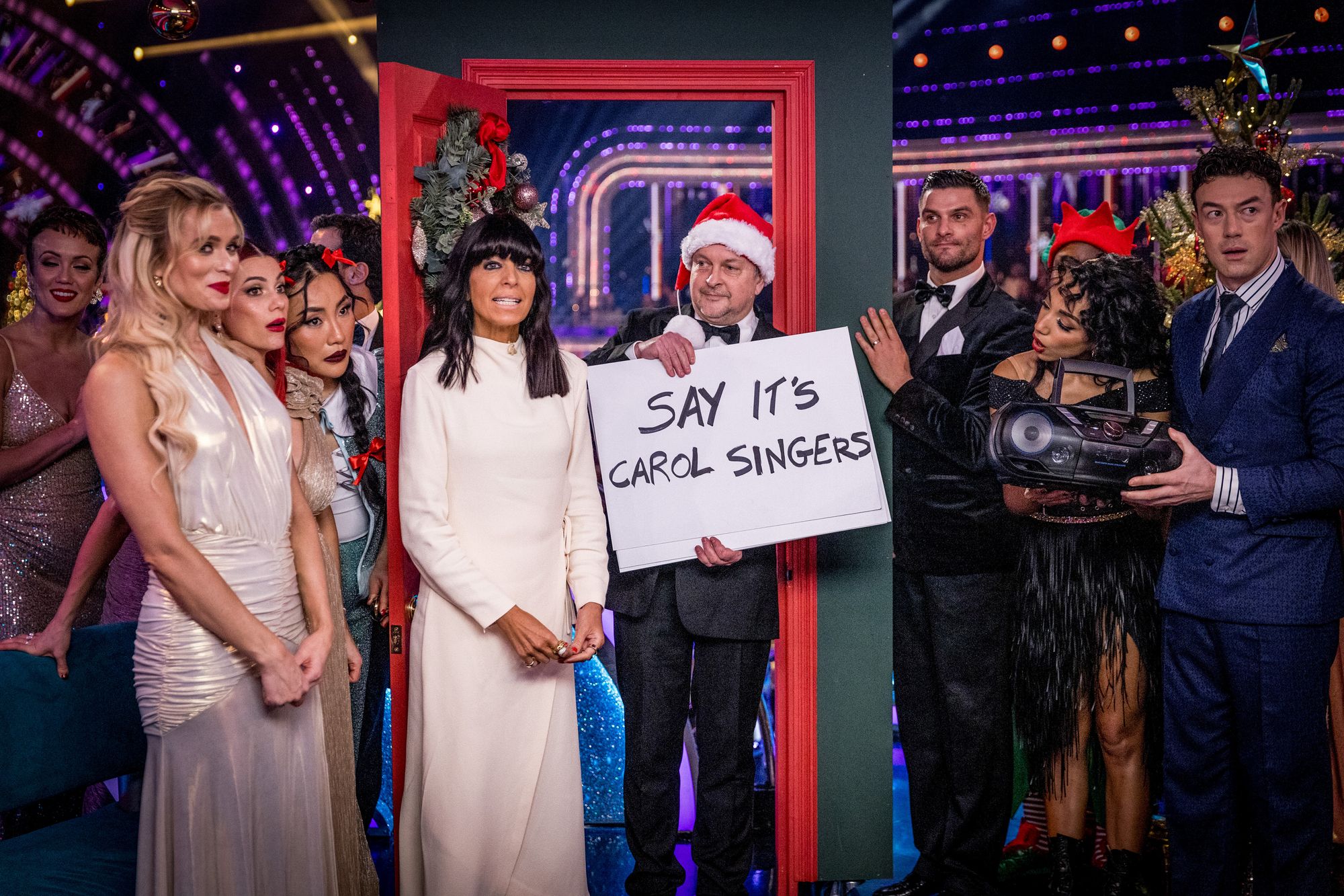 Claudia Winkleman takes part in a Love Actually parody on the Strictly Christmas special