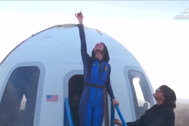 Katy Perry after her flight in Blue Origin’s New Shepard NS-31 spaceship (Blue Origin/YouTube/PA)