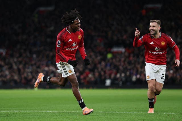 <p>Manchester United's Patrick Dorgu celebrates scoring their first goal </p>