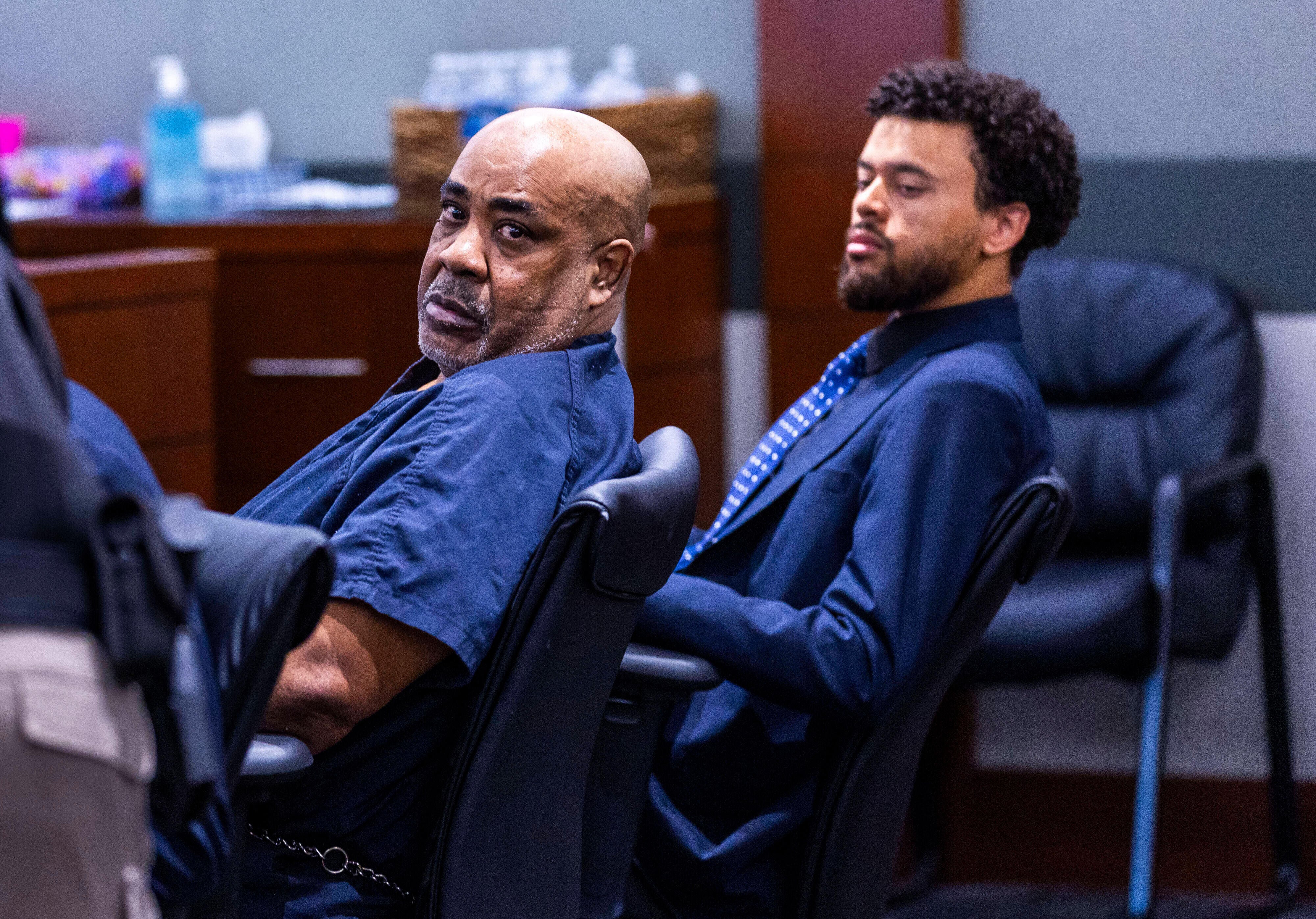 Duane Davis, left, looks back during a hearing on claims of juror misconduct in his jailhouse battery case at the Regional Justice Center, July 2, 2025, in Las Vegas. (L.E. Baskow/Las Vegas Review-Journal via AP, Pool, File)