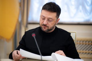 Ukraine's president Volodymyr Zelensky during a meeting with journalists in Kyiv