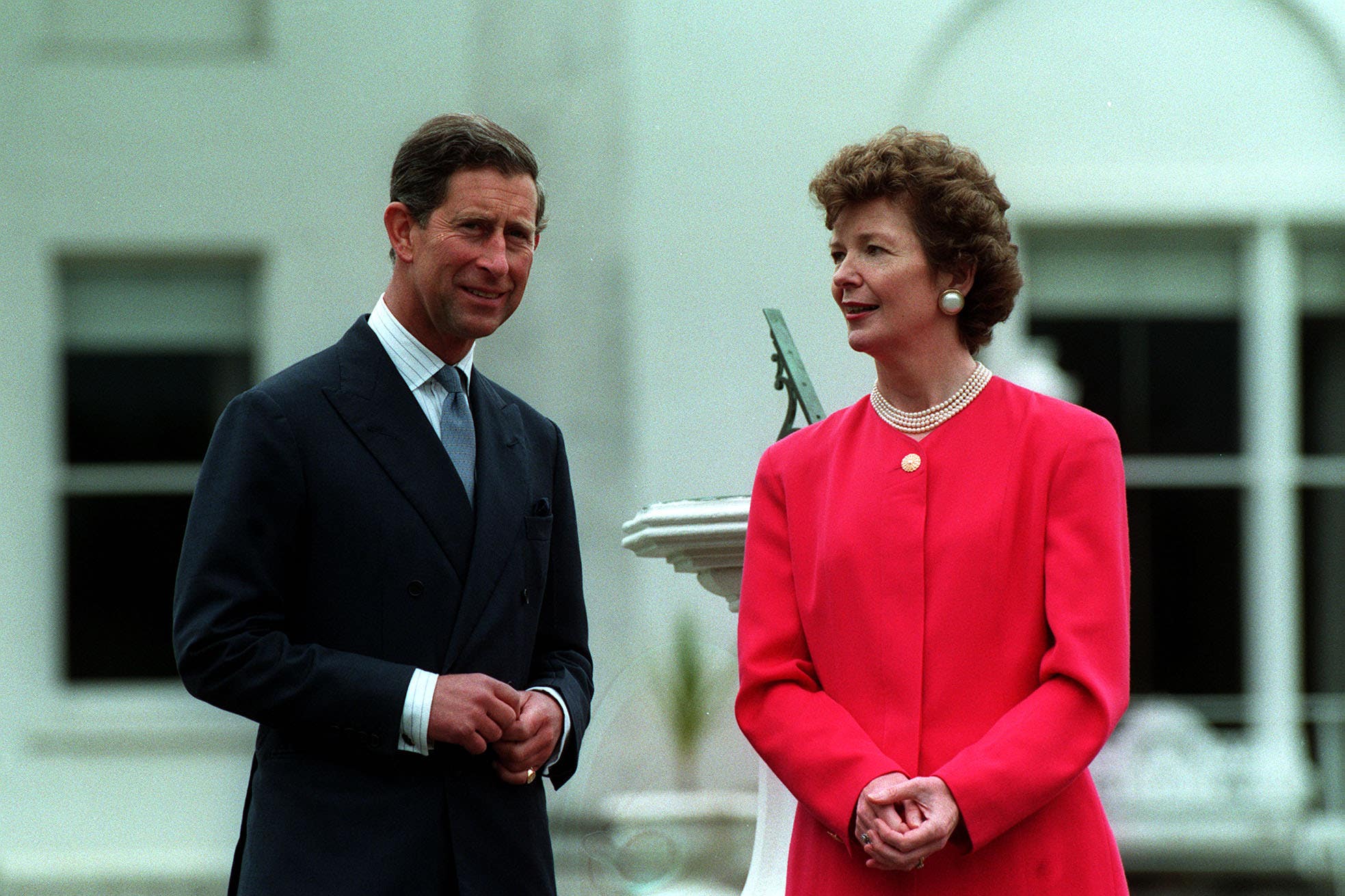 The then president of Ireland Mary Robinson with the then Prince of Wales in the gardens of her official residence (Martin Keene/PA)