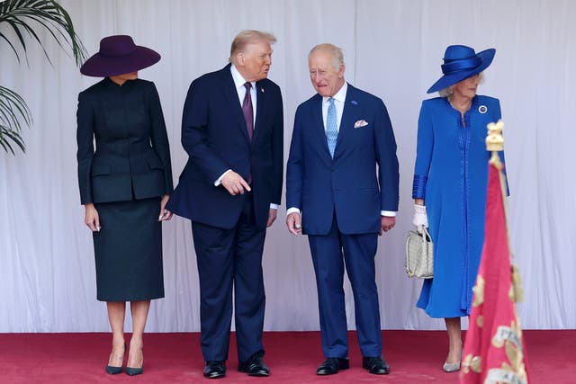 <p>First Lady Melania Trump, US president Donald Trump, Charles and Camilla during the ceremonial welcome at Windsor Castle (Chris Jackson/PA)</p>